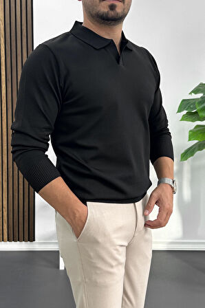 Erkek Açık Yaka Düz Desen Normal Kalıp Kazak Siyah Edw423