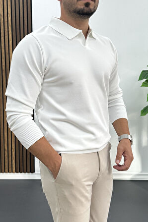 Erkek Açık Yaka Düz Desen Normal Kalıp Kazak Beyaz Edw423