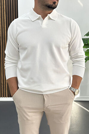 Erkek Açık Yaka Düz Desen Normal Kalıp Kazak Beyaz Edw423