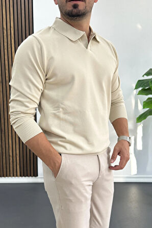 Erkek Açık Yaka Düz Desen Normal Kalıp Kazak Krem Edw423