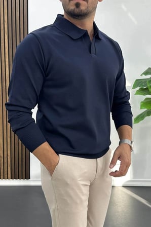 Erkek Açık Yaka Düz Desen Normal Kalıp Kazak Lacivert Edw423