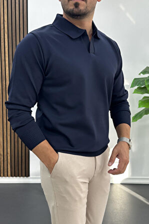 Erkek Açık Yaka Düz Desen Normal Kalıp Kazak Lacivert Edw423