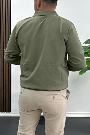 Erkek Açık Yaka Düz Desen Normal Kalıp Kazak Haki Edw423