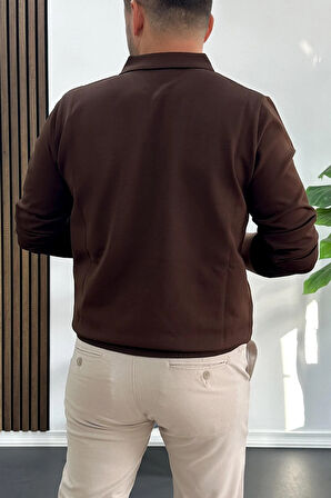 Erkek Açık Yaka Düz Desen Normal Kalıp Kazak Kahverengi Edw423