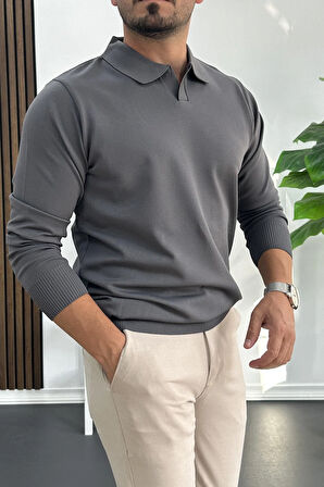 Erkek Açık Yaka Düz Desen Normal Kalıp Kazak Füme Edw423