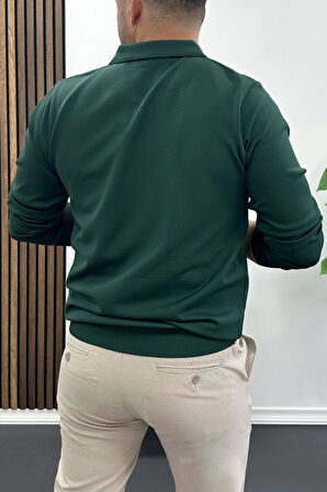 Erkek Yarım Fermuarlı Düz Desen Polo Yaka Kazak Yeşil Edw424