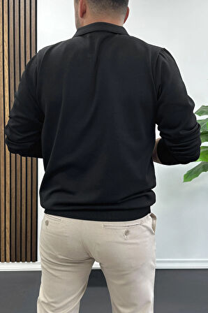 Erkek Yarım Fermuarlı Düz Desen Polo Yaka Kazak Siyah Edw424