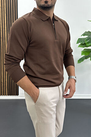 Erkek Yarım Fermuarlı Düz Desen Polo Yaka Kazak Kahverengi Edw424