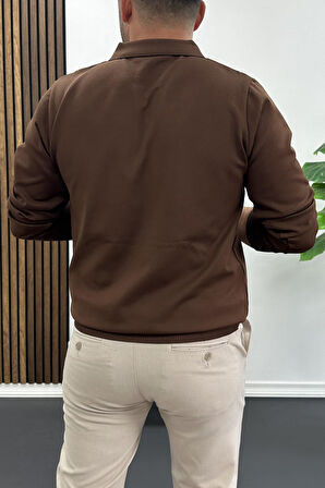 Erkek Yarım Fermuarlı Düz Desen Polo Yaka Kazak Kahverengi Edw424