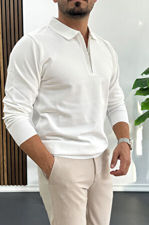 Erkek Yarım Fermuarlı Düz Desen Polo Yaka Kazak Beyaz Edw424