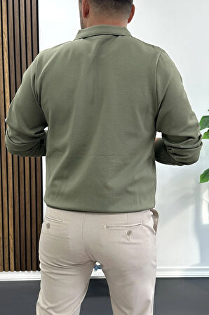 Erkek Yarım Fermuarlı Düz Desen Polo Yaka Kazak Haki Edw424