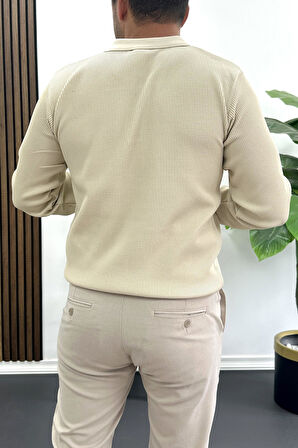 Erkek Slim Fit Desenli Polo Yaka Kazak Krem Edw426