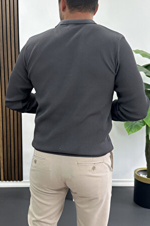 Erkek Slim Fit Desenli Polo Yaka Kazak Gri Edw426