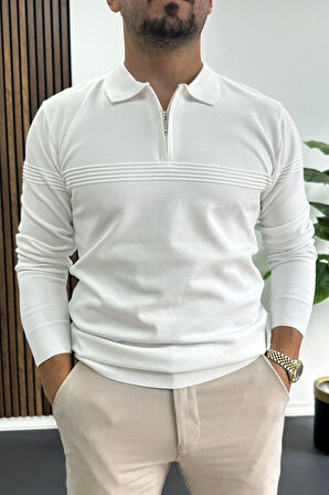 Erkek Slim Fit Çizgi Detaylı Polo Yaka Kazak Beyaz Edw427