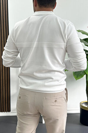 Erkek Slim Fit Çizgi Detaylı Polo Yaka Kazak Beyaz Edw427