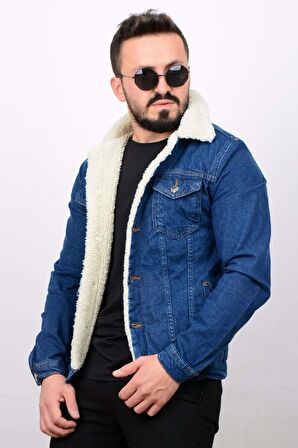 Erkek Slim Fit Cepli İçi Kürklü Düğmeli Kot Ceket PR113