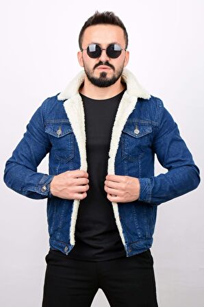 Erkek Slim Fit Cepli İçi Kürklü Düğmeli Kot Ceket PR113