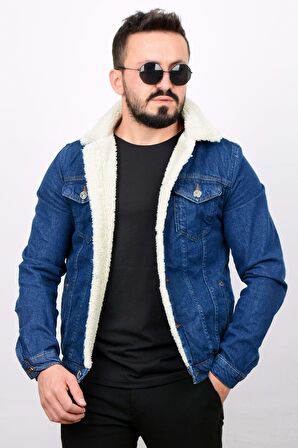 Erkek Slim Fit Cepli İçi Kürklü Düğmeli Kot Ceket PR113