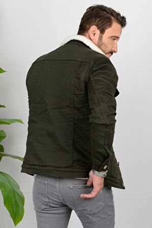 Erkek Slim Fit Cepli İçi Kürklü Düğmeli Kot Ceket Yeşil PR113