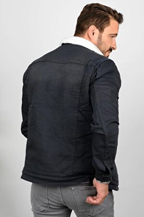 Erkek Slim Fit Cepli İçi Kürklü Düğmeli Kot Ceket Füme PR113