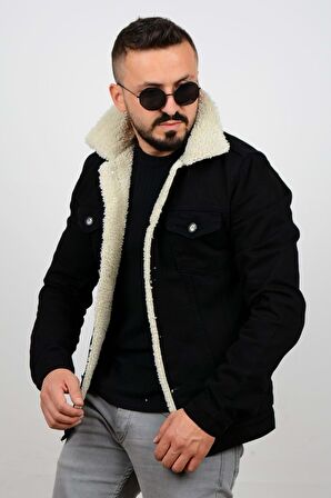 Erkek Slim Fit Cepli İçi Kürklü Düğmeli Kot Ceket PR113