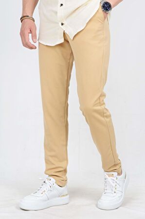 Erkek Beli Lastikli Slim Fit Double Paça Jogger Pantolon Bej PNT02