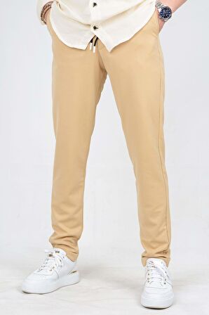 Erkek Beli Lastikli Slim Fit Double Paça Jogger Pantolon Bej PNT02