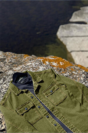 Erkek Slim Fit Denim Kot Gömlek Ceket Haki Edw012