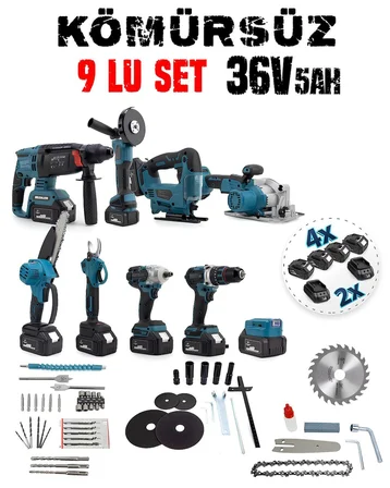 DW EEA388 Akülü 9 Lu Set (Power Bank ve Led + Kırıcı Delici Matkap + Avuç taşlama + Somun Sıkma + Vidalama + Sunta Kesme + Dekupaj + Budama Testeresi + Budama Makası)