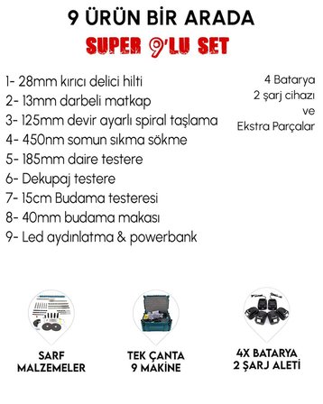 DW EEA388 Akülü 9 Lu Set (Power Bank ve Led + Kırıcı Delici Matkap + Avuç taşlama + Somun Sıkma + Vidalama + Sunta Kesme + Dekupaj + Budama Testeresi + Budama Makası)