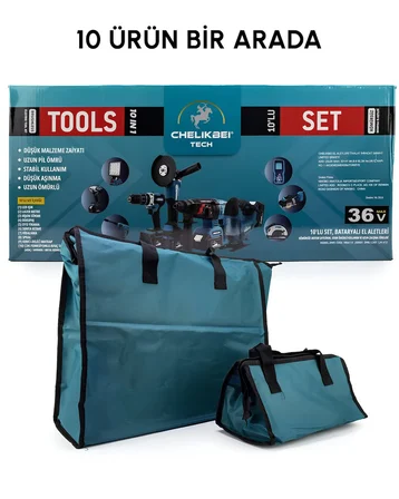 CHELİKBEİ EEA389 Akülü 10 LU Set (Led Işık +Lazer Metre +Somun Sıkma + Dekupaj + Oto Yıkama + Sunta Kesme + Darbeli Vidalama + Spral + Kırıcı Delici Matkap + Çok Fonksiyonlu Taşlama)