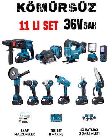 CHELİKBEİ EEA458 Akülü 11li Set (Led Işık, Lazer Metre, Somun Sıkma, Dekupaj, Oto Yıkama, Dal Makası, Dal Budama Testere, Darbeli Vidalama, Spral, Kırıcı Delici Matkap, Çok Fonksiyonlu Taşlama)