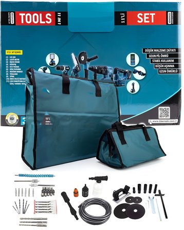 CHELİKBEİ EEA458 Akülü 11li Set (Led Işık, Lazer Metre, Somun Sıkma, Dekupaj, Oto Yıkama, Dal Makası, Dal Budama Testere, Darbeli Vidalama, Spral, Kırıcı Delici Matkap, Çok Fonksiyonlu Taşlama)