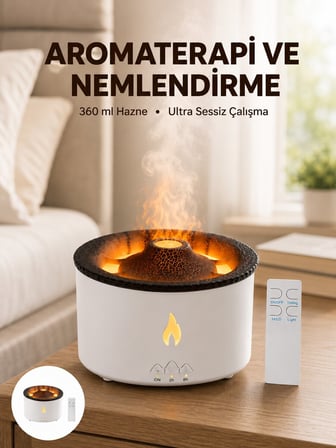 Alev Efektli Aromaterapi Difüzörü – 360 ml Su Hazneli Sessiz ve Zaman Ayarlı Y