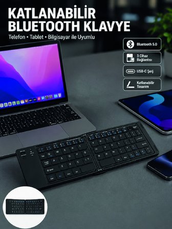 Katlanabilir Bluetooth Klavye 3 Cihaz Bağlantılı Kablosuz Taşınabilir Klavye