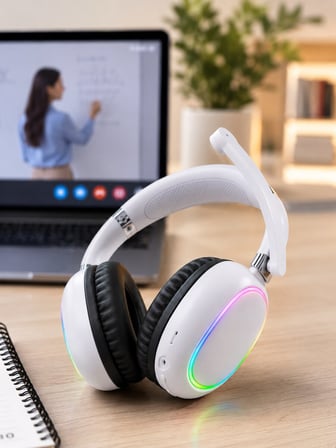 Kablosuz Bluetooth Mikrofonlu Beyaz Kulaklık RGB Işıklı