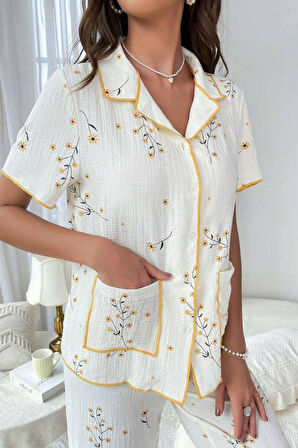 Beyaz Bahar Papatya Desenli Cep Detaylı Pijama Takımı 7019