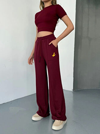 Osy Modal Yumuşak Dokulu Kumaş Nakış Işlemeli Rahat Bol Paça Eşofman Pantalon - Bordo