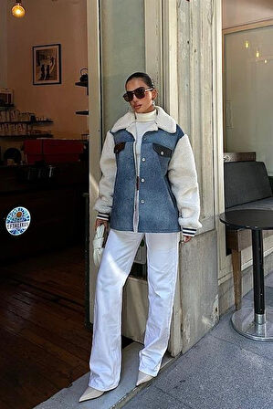 İçi Kürklü Deri Garnili Denim Görünümlü Ceket 6116