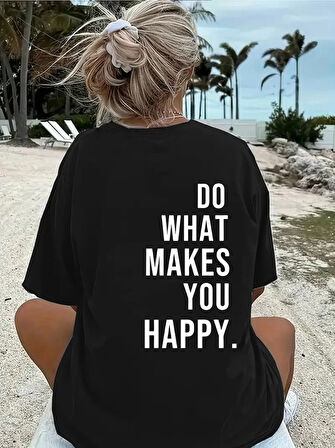 Baskılı Oversize Bisiklet Yaka T-shirt - Siyah