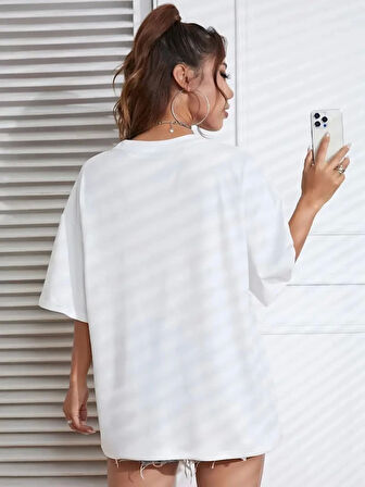 New York Baskılı Oversize Bisiklet Yaka T-shirt - Beyaz