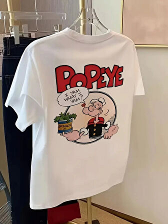 Baskılı Oversize Bisiklet Yaka T-shirt - Beyaz