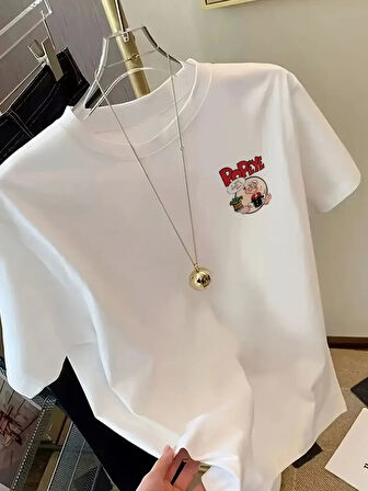 Baskılı Oversize Bisiklet Yaka T-shirt - Beyaz