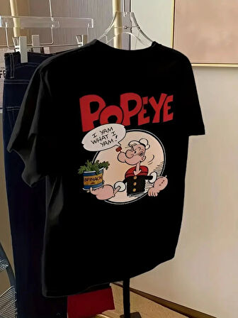 Baskılı Oversize Bisiklet Yaka T-shirt - Siyah
