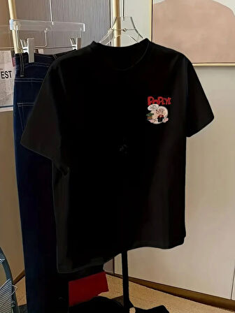 Baskılı Oversize Bisiklet Yaka T-shirt - Siyah