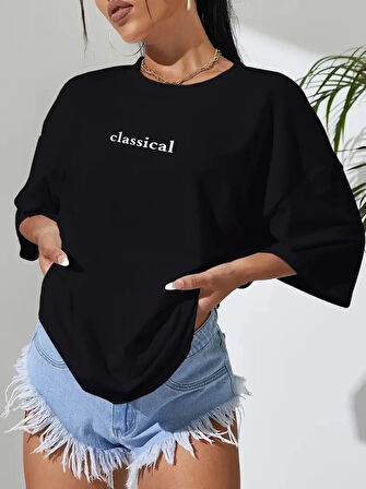 Baskılı Oversize Bisiklet Yaka T-shirt - Siyah