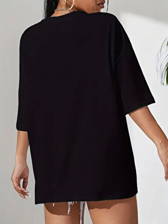 Baskılı Oversize Bisiklet Yaka T-shirt - Siyah
