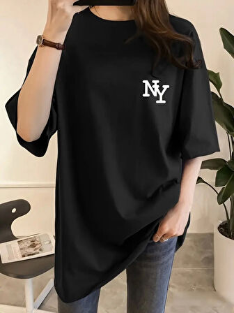 Baskılı Oversize Bisiklet Yaka T-shirt - Siyah