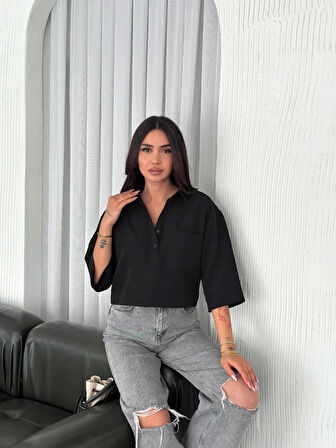 Crop Yakalı Gömlek Üç Çeyrek Sleeve Kol - Siyah