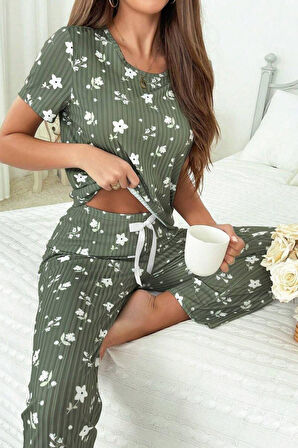 Yeşil Fitilli Floral Kısa Kollu Pijama Takımı 7303